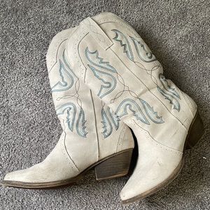 White Fabric Cowboy Boots w/ Blue Pattern